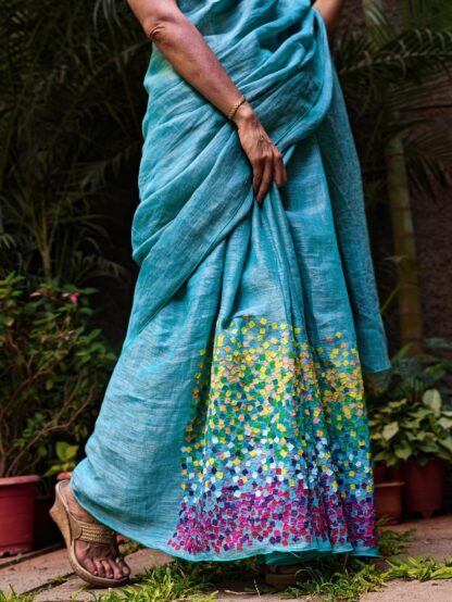 Calyz Blue Linen Saree with Collage Technique - Image 8